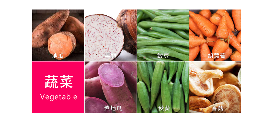 蔬菜脆片含有：芋頭、地瓜、紫地瓜、敏豆、香菇、秋葵、紅蘿蔔