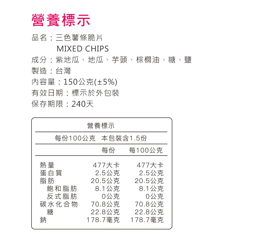 三色薯條脆片營養標示