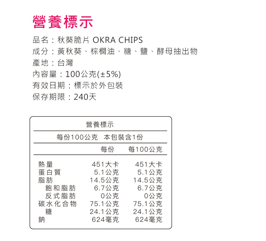 秋葵脆片營養標示