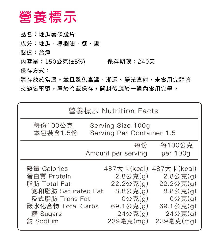 地瓜薯條脆片營養標示