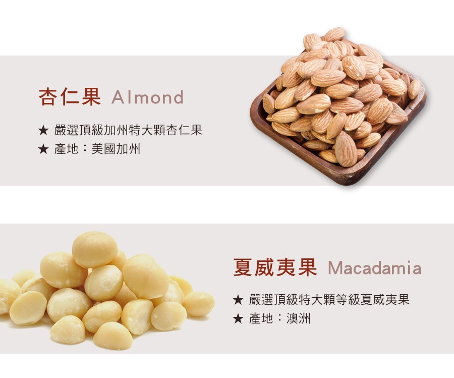 嚴選頂級加州特大顆杏仁果 Almond，嚴選頂級特大顆等級夏威夷果 Macadamia