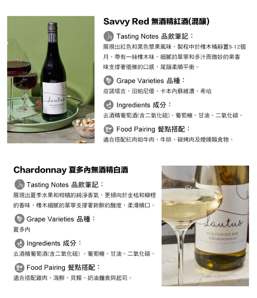 Savvy Red 無酒精紅酒(混釀),Chardonnay 夏多內無酒精白酒