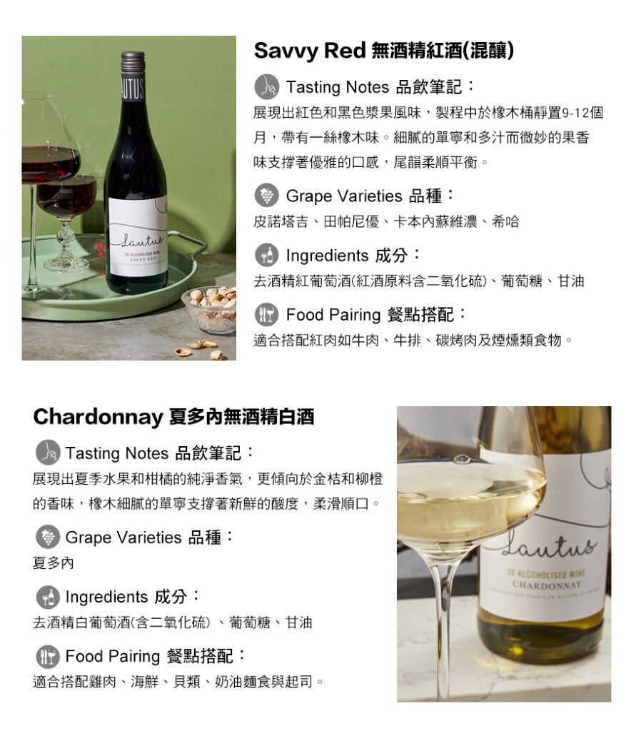 Savvy Red 無酒精紅酒(混釀),Chardonnay 夏多內無酒精白酒