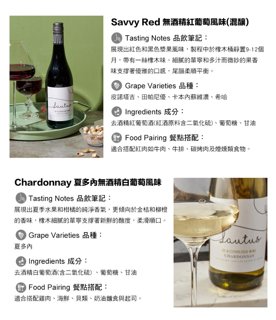 Savvy Red 無酒精紅葡萄(混釀),Chardonnay 夏多內無酒精白葡萄